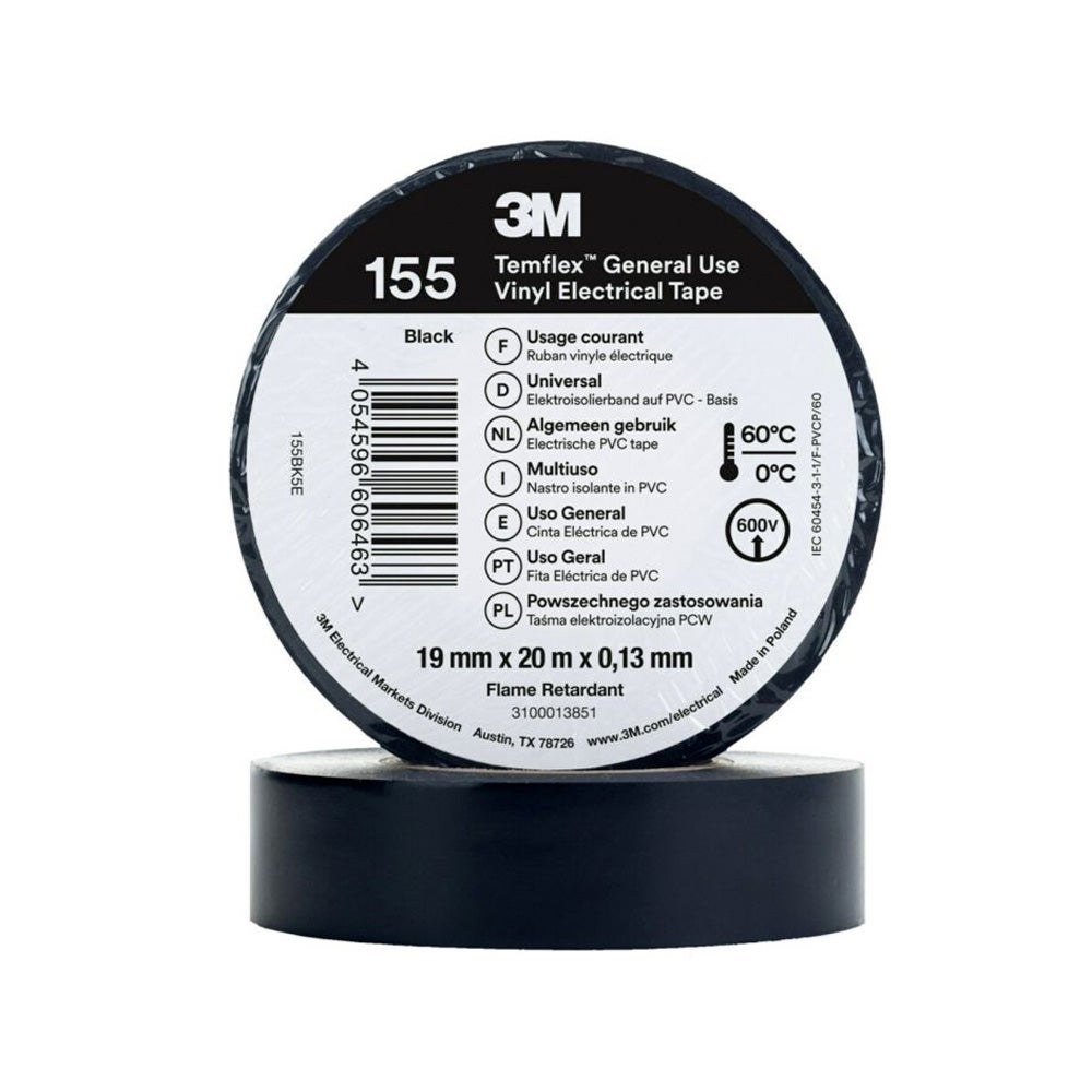 Cinta PVC, color negro, 19 mm x 20 m