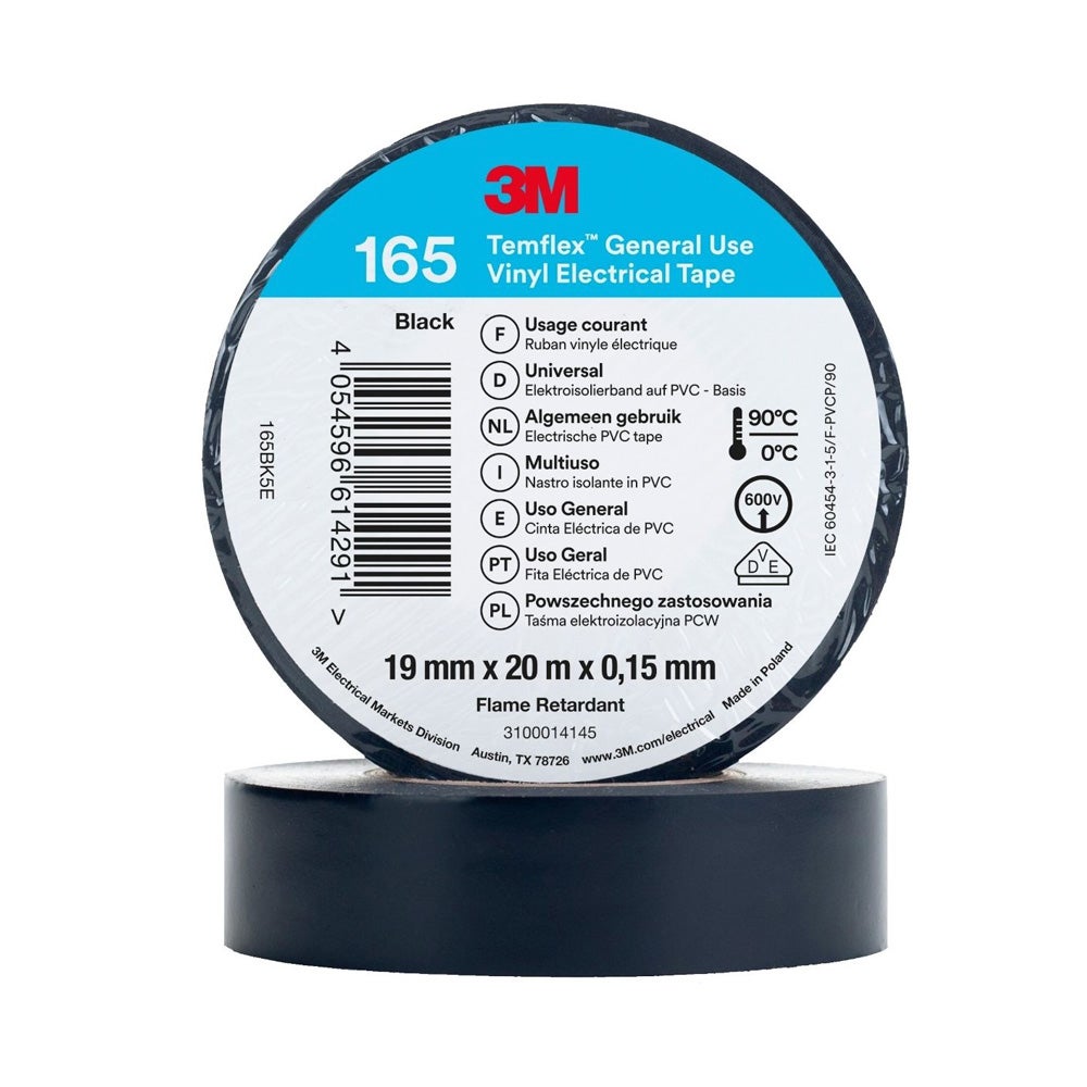 Cinta PVC, color negro, 19 mm x 20 m
