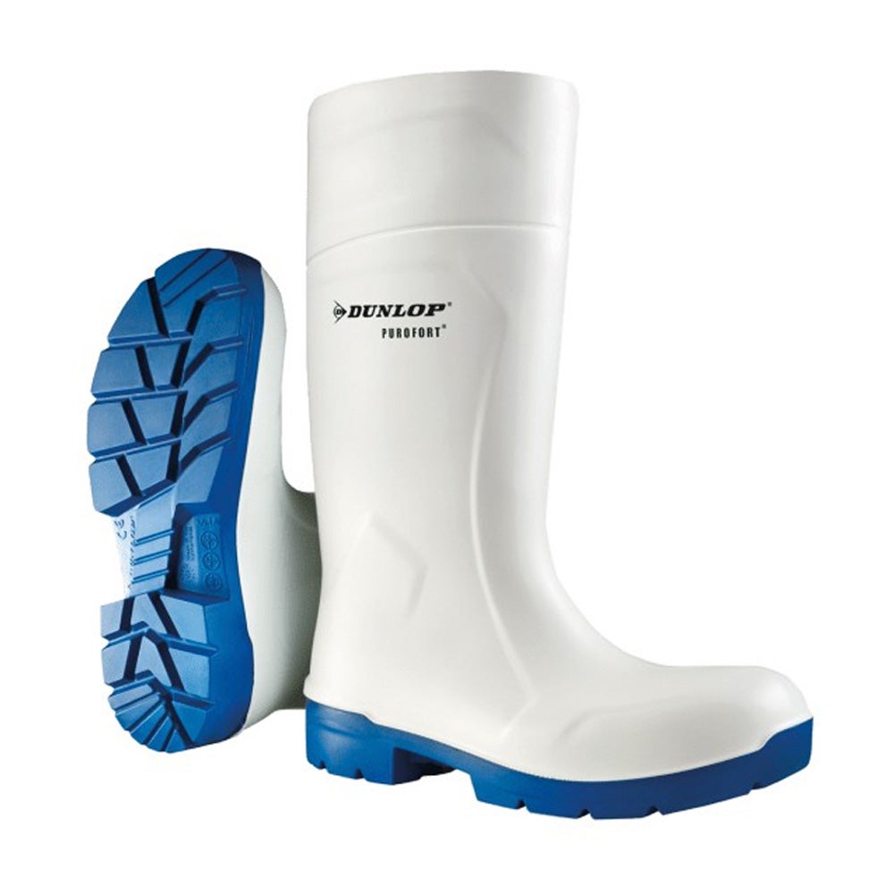 Bota de agua Dunlop FoodPro Purofort MultiGrip safety blanco y azul