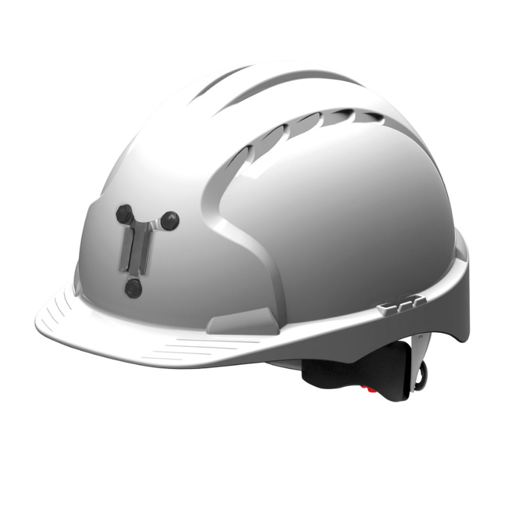 Casco de seguridad para minería EVO®3 con soporte de lámpara, ajuste de ruleta blanco