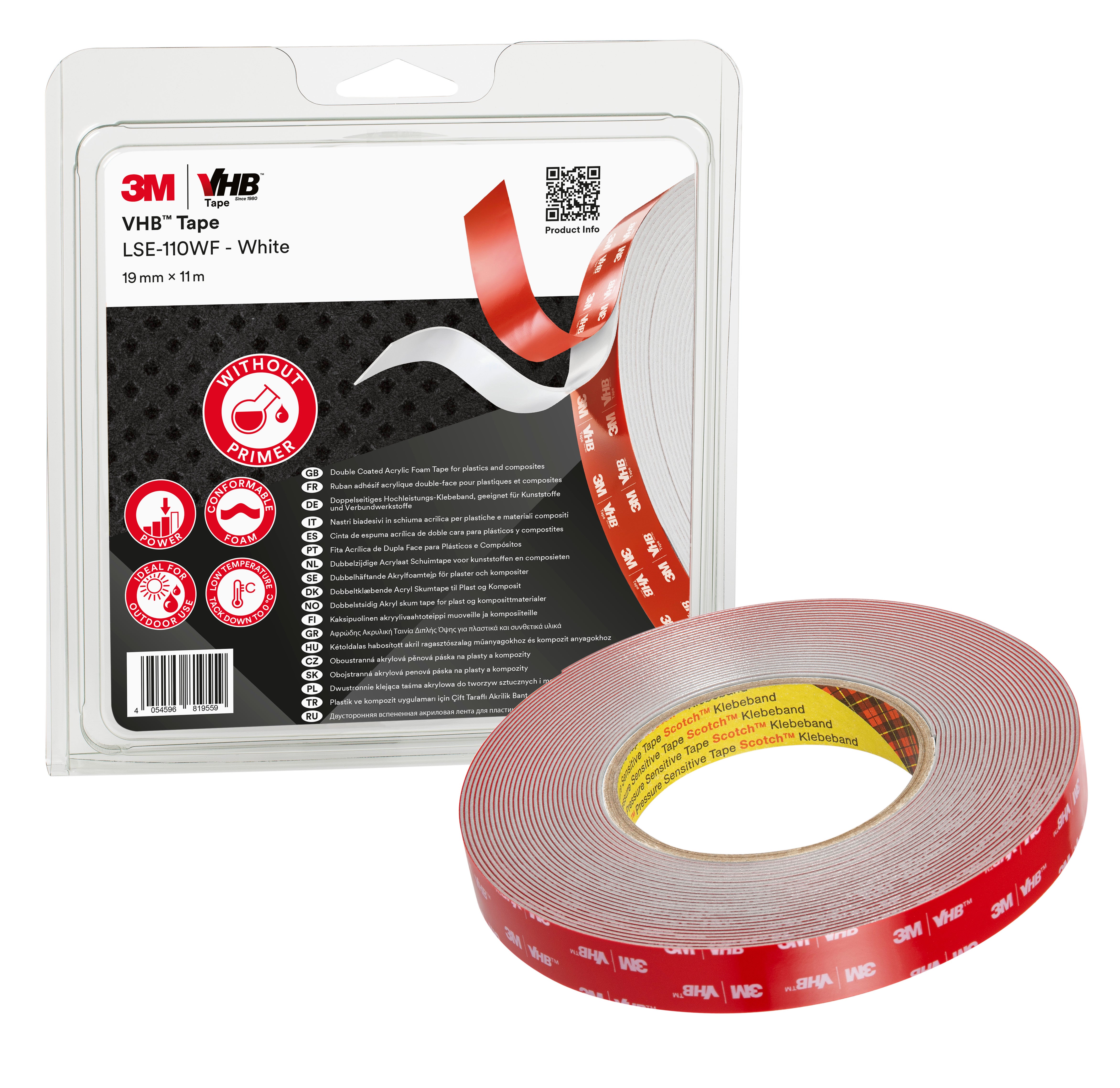 Cinta  espuma acrílica LSE-110WF, blanca, 19 mm